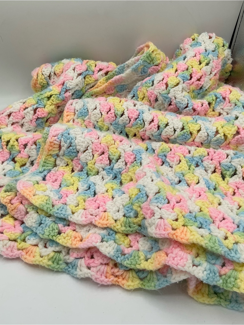 Handmade Crocheted Baby Blanket Multicolored Pastel 40" x 30"